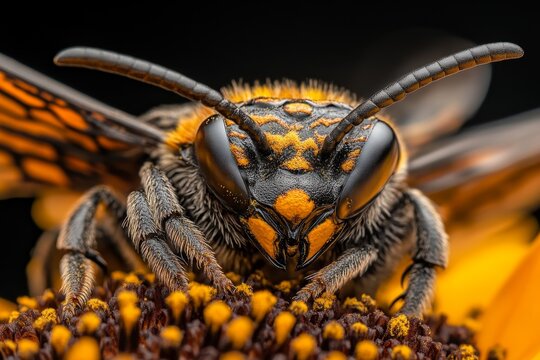 A hyper-realistic close-up of a xanthous honeybee on a sunflower, capturing every detail of its wings, fuzzy body, and the textured flower petals