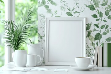 Fototapeta premium White photo frame mockup with empty space for text, placed on a clean desk with books, plants, coffee cups, and scattered Post-it notes, creating a serene, minimalistic atmosphere.