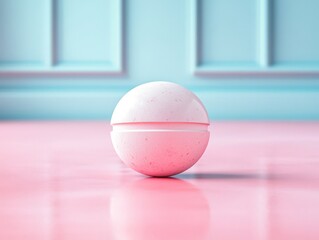 A pink bath bomb resting on a reflective surface with a pastel background.