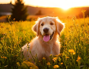 golden retriever puppy in a meadow