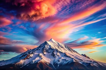 A mountain peak is silhouetted against a brilliant blue sky with wispy clouds of white and pink, rugged terrain, sunrise