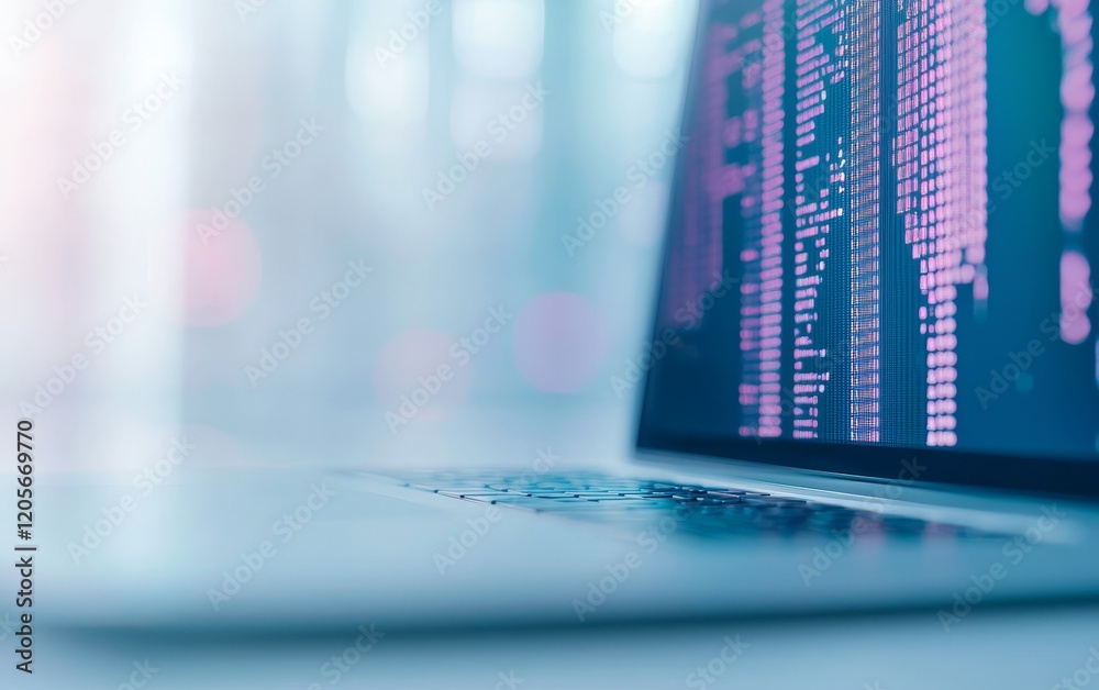 Poster a close-up view of a laptop displaying vibrant digital data in pink hues, emphasizing technology and