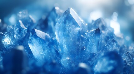 Obraz premium Detailed macro view reveals delicate ice crystal formations with translucent blue frost patterns, showcasing geometric structures and ethereal frozen shapes in natural mineral arrangements.