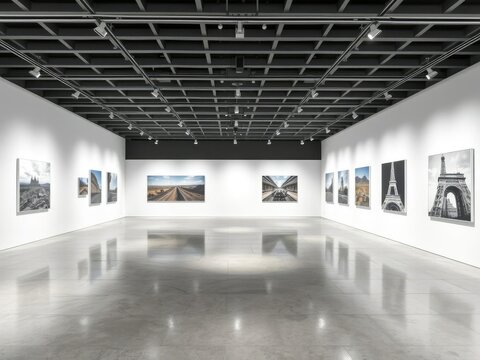 A photography exhibition in a sleek gallery featuring large printed photographs displayed on clean white walls, modern, creative, interior