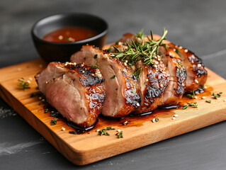 Succulent roasted duck, perfectly sliced and served with flatbread, flavorful sauces, and artistic garnishes for a gourmet presentation.