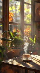 Fototapeta premium A warm cup of coffee sits on a table with sunlight streaming through the window.