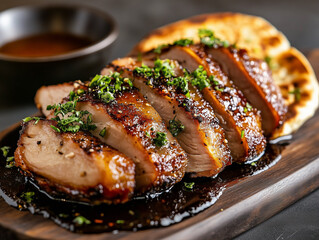 Succulent roasted duck, perfectly sliced and served with flatbread, flavorful sauces, and artistic garnishes for a gourmet presentation.