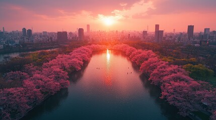 Vibrant Cityscape Sunset with Cherry Blossoms Reflecting in Water