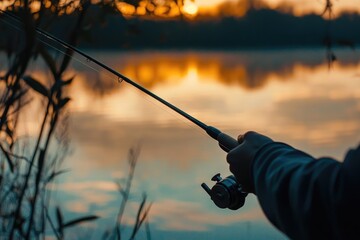 Fishing Rod at Sunset on a Calm Lake