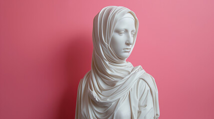 Full length Ancient greek white sculpture wearing arab style hijab on vibrant pink background 