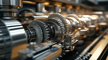 Fototapeta premium Close-up view of industrial machinery in a factory, detailed gears, pistons and metal parts