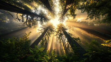 Sunlight Filtering Through Tree Canopy in Serene Forest Landscape