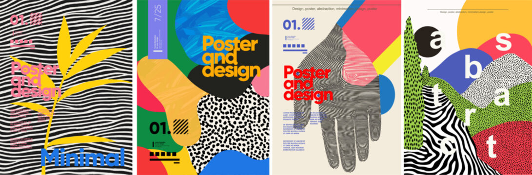 Poster, Abstract art and design. Bold vector abstract shapes with modern geometric patterns, plant, hand and creative typography. Ideal for trendy poster, background, branding, and digital design