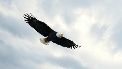 Naklejka premium A soaring bald eagle cuts through the air with ease against a backdrop of wispy grayish-white clouds with a hint of blue at their edges, cloud, feathers