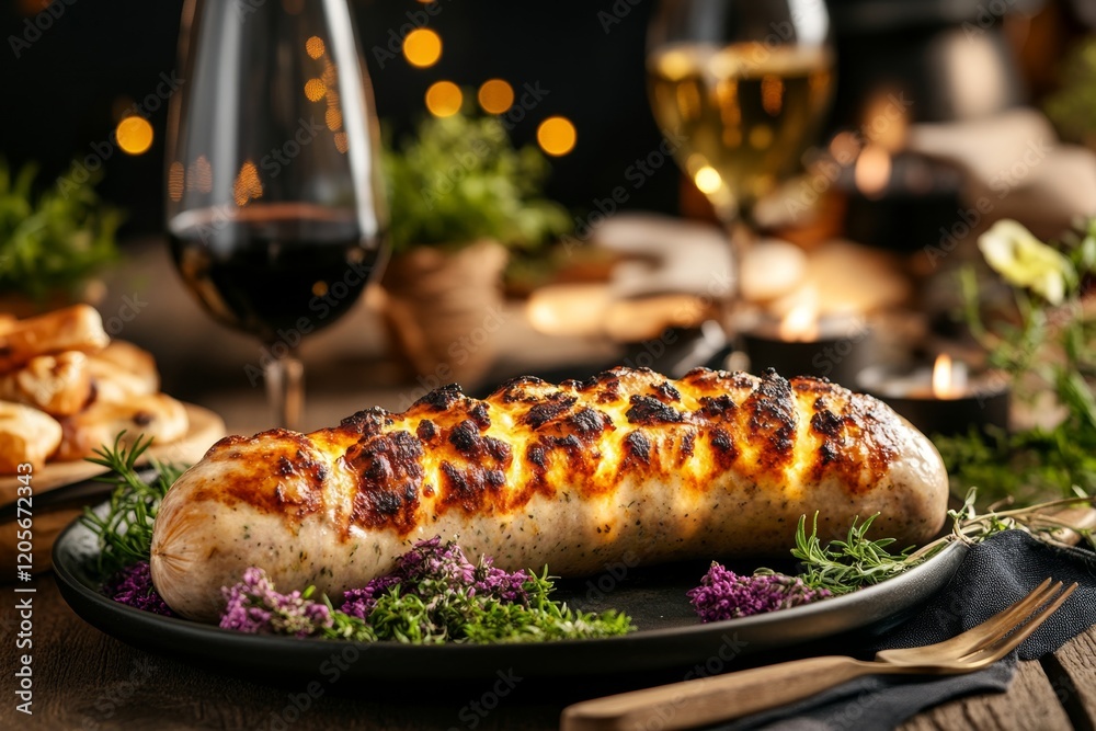 Aufkleber a magical wurst sausage glowing faintly with golden light, served on a rustic plate surrounded by en