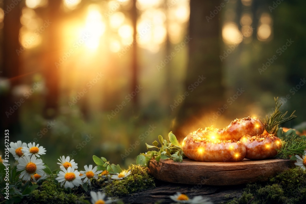 Poster a magical wurst sausage glowing faintly with golden light, served on a rustic plate surrounded by en