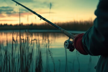 Fishing Rod at Sunset on a Calm Lake