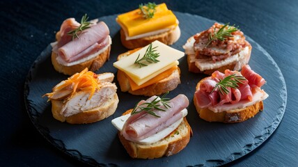 An assortment of open-faced sandwiches featuring an assortment of meats, ham, cheeses and toppings, beautifully arranged on a slate board for a visually appealing culinary presentation.