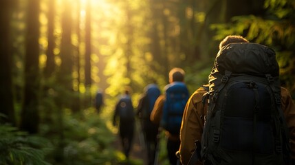 A group of hikers walks through a sunlit forest, surrounded by lush greenery, showcasing adventure and nature's beauty.
