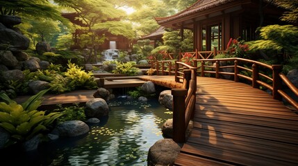 Fototapeta premium A photo of a serene spa garden with wooden walkways.