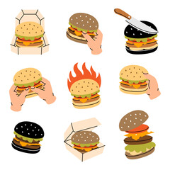 Burger set. Beef burger, hamburger, veggie burger, cheeseburger. Hand drawn elements for cafe menu, restaurants. Vector illustration.