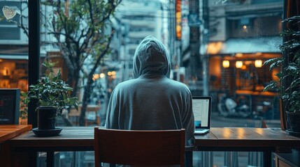 With a soft hoodie pulled up, a software developer intently types away at a laptop, immersed in coding at a quaint cafe on a rainy day, the city’s life unfolding outside