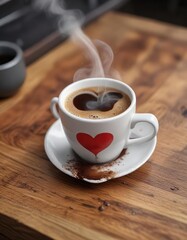 Obraz premium Close-up of heart shaped steam rising from freshly brewed coffee in a cup on wooden surface, relaxation, roasted beans, coffee break