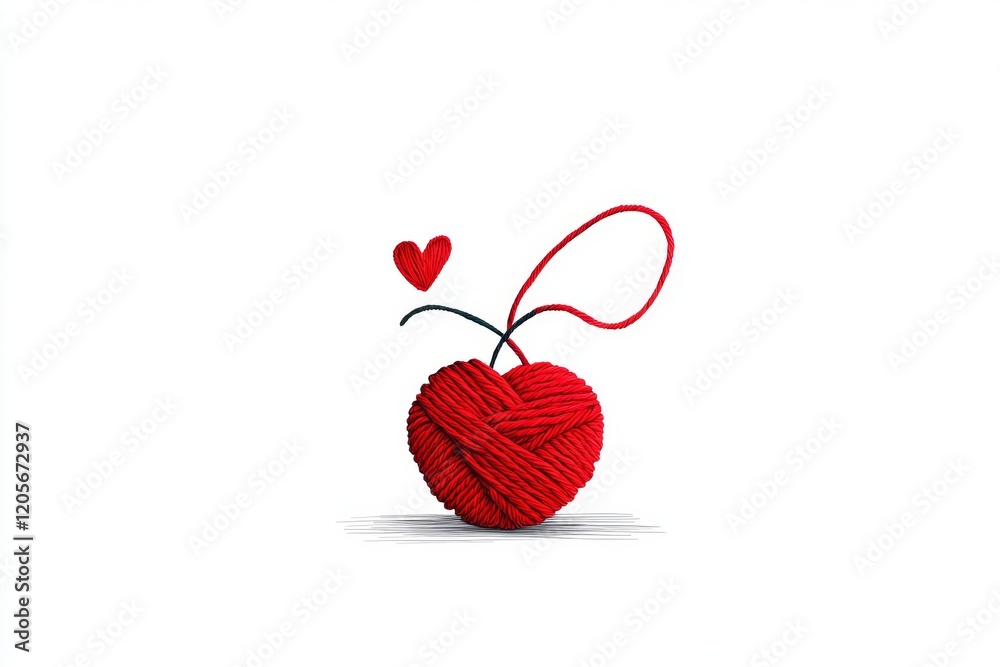 Poster a minimalist illustration of a single ball of yarn with a strand looping into a simple heart shape, 