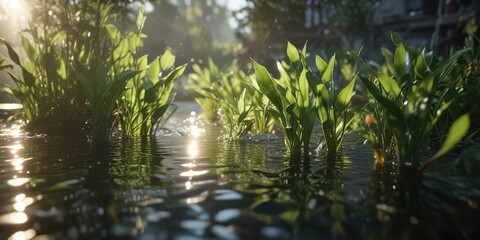 Naklejka premium Close-up of water plants with sunlight shining through, lush, background
