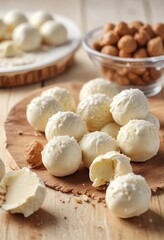 Fototapeta premium Close-up of white chocolate truffles on a light wooden table, confections, sweets, cacao