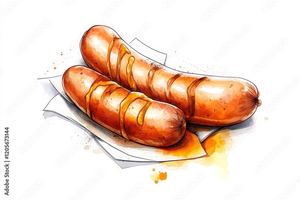 Aufkleber a minimalist illustration of a single wurst on a plate, drawn in clean lines with subtle gradients, 
