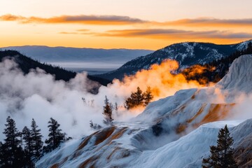 A steaming fumarole venting sulfuric gases into the cool morning air, with Yellowstone rugged terrain in the background
