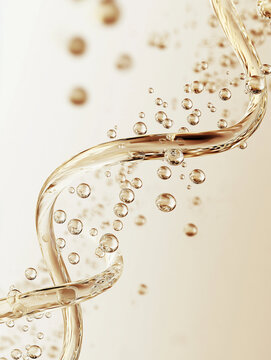 transparent glass helix tubes filled with liquid with bubbles, glass liquid water DHA chain, water curve, abstract, molecular, science medical and cosmetic concept 