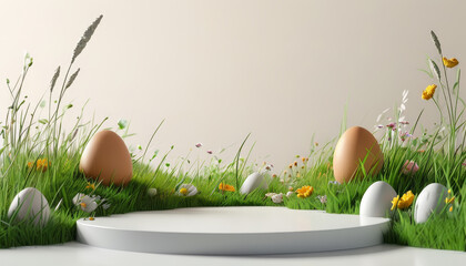Easter themed product display podium, Abstract meadow vision, easter podium with 3D-printed shapes of grass, flowers, and eggs in muted tones, clean and neutral pastel, ad, podium platform