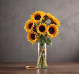 Colorful sunflowers standing upright in a glass vase with a natural fiber ribbon wrapped around the neck , bright flowers, natural fibers, rustic charm, home decor