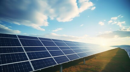 A photo of a solar farm with rows of photovoltaic panel