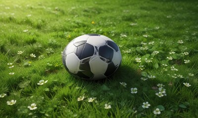 Fototapeta premium Football lying on a patch of clover on the grass, outdoors, sports field