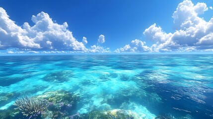 Obraz premium Tropical paradise scene combines pristine blue sky with crystal-clear turquoise waters, revealing vibrant coral reef beneath surface while white cumulus clouds float overhead.