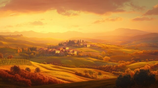 sunset over autumn Tuscany countryside landscape; rolling hills and village  - Powered by Adobe