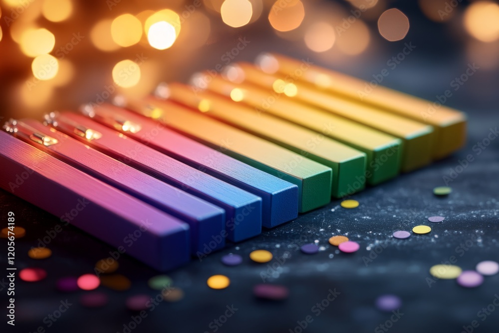 Poster a modern xylophone app interface displayed on a tablet, with bright, responsive keys and a sleek des