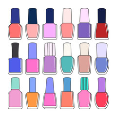 Bright and colorful nail polish collection illustration featuring various bottle shapes and shades. Perfect for beauty, fashion, or makeup-themed designs and creative projects.