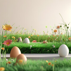 Easter themed product display podium, Abstract meadow vision, easter podium with 3D-printed shapes of grass, flowers, and eggs in muted tones, clean and neutral pastel, ad, podium platform