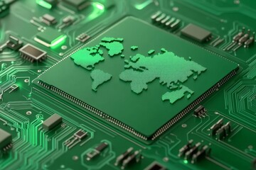 Obraz premium A close-up of a green circuit board featuring a world map design, symbolizing technology and global connectivity.