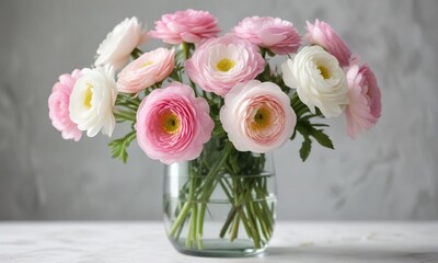 Fototapeta premium Soft focus pink and white ranunculus blossoms in a glass vase, pastel, ethereal, dreamy