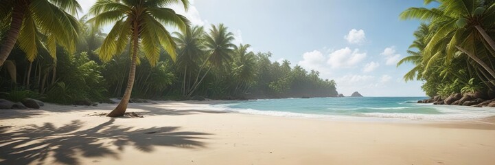 Obraz premium Untouched sandy beach with lush green palm trees, tropical paradise, pristine, coastline