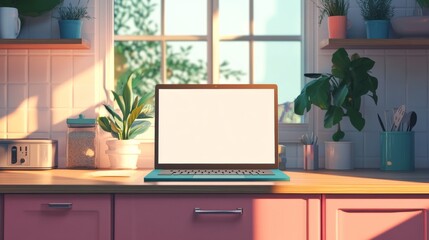 Fototapeta premium Open laptop with blank screen on a wooden desk in a kitchen room home office