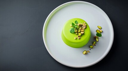 Elegant Pistachio Dessert on White Plate with Mint Garnish Against Dark Background - Trending Stock Photography