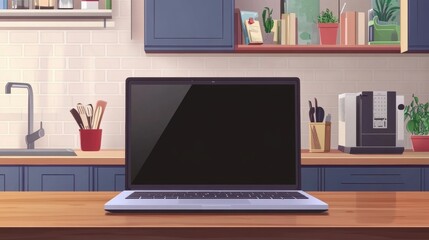 Fototapeta premium Open laptop with blank screen on a wooden desk in a kitchen room home office