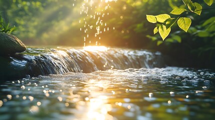 Nature scene depicts serene flowing stream with smooth river rocks, featuring crystal-clear water reflecting sunlight, surrounded by fresh green leaves in misty morning atmosphere.