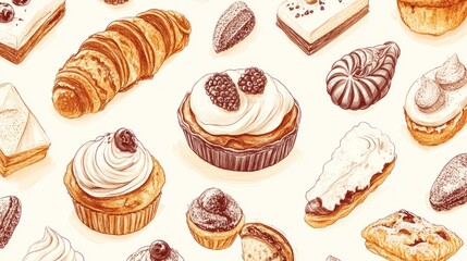 Delicious pastries pattern, bakery background, food illustration, website design